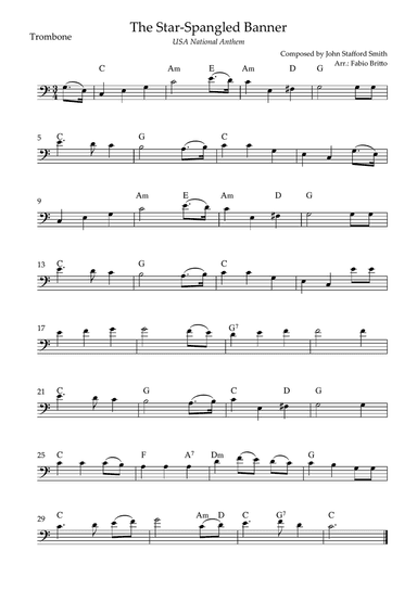 The Star Spangled Banner (USA National Anthem) for Trombone Solo with Chords (C Major)