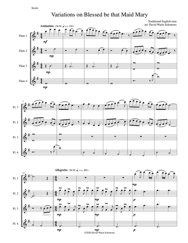 Variations on Blessed be that maid Mary for 4 flutes