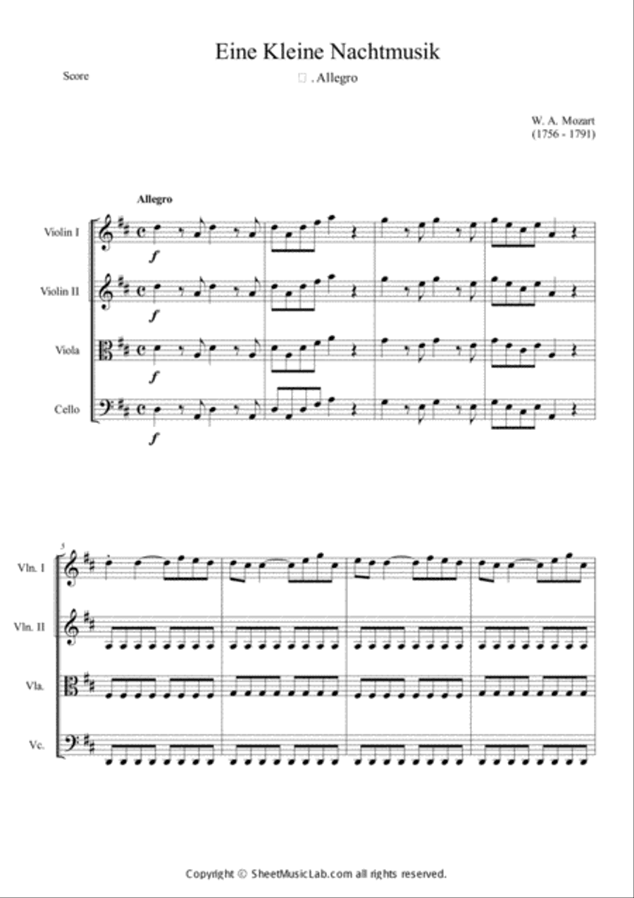Serenade No.13 "Eine Kleine Nachtmusik" in G major, K.525 1.Allegro Easy & Short In D