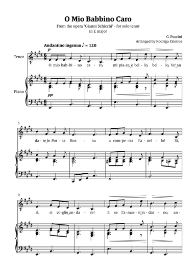 O Mio Babbino Caro - for tenor (in E major)
