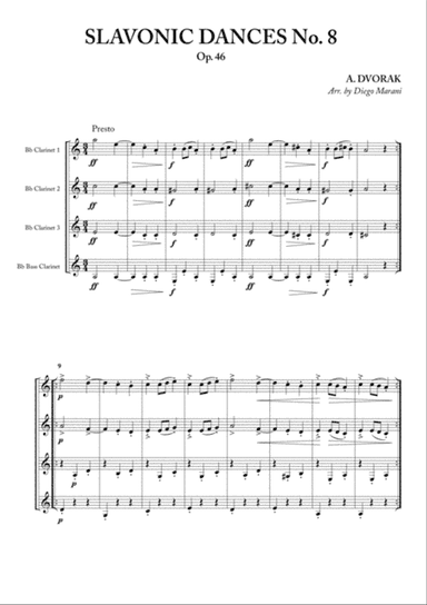 Slavonic Dances No. 8 Op. 46 for Clarinet Quartet