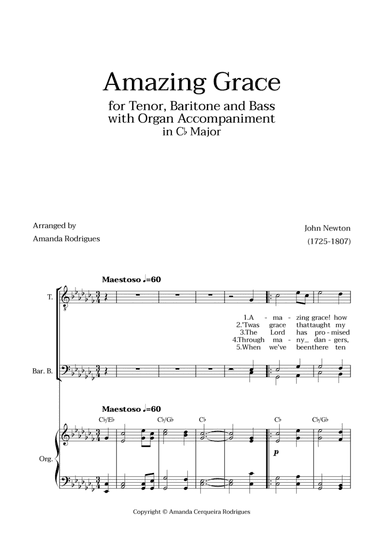 Amazing Grace in Cb Major - Tenor, Bass and Baritone with Organ Accompaniment and Chords