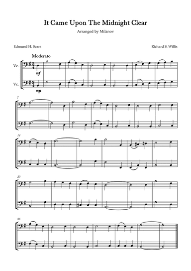 It Came Upon The Midnight Clear Cello Duet in G Melody and accompaniment Easy Intermediate
