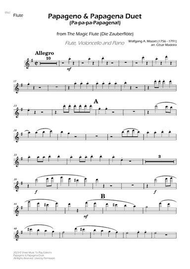 Papageno and Papagena Duet - Flute, Cello and Piano (Individual Parts)
