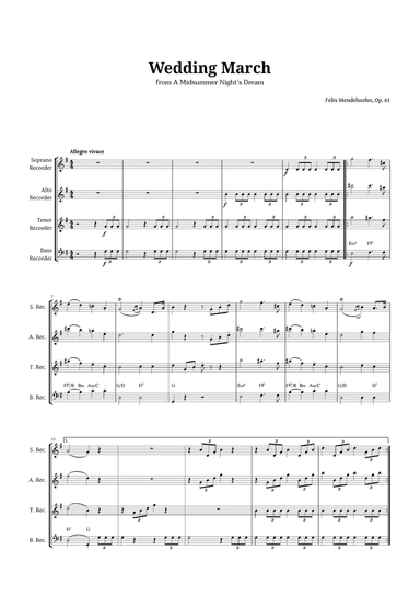 Wedding March by Mendelssohn for Recorder Quartet with Chords