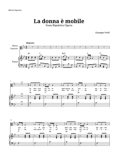 La donna è mobile in B-flat major for Mezzo Soprano and Piano