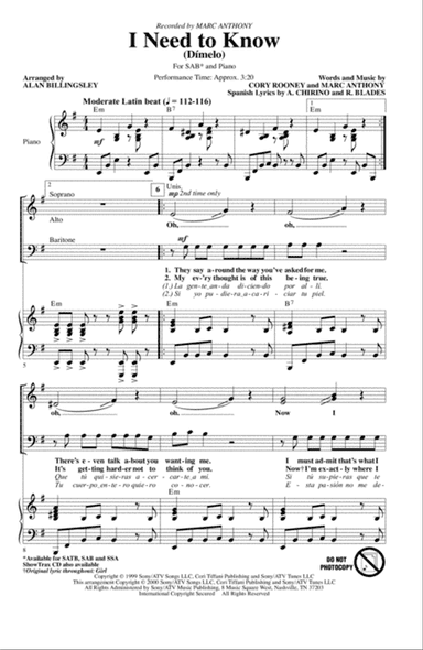 I Need To Know (Dimelo) (arr. Alan Billingsley)