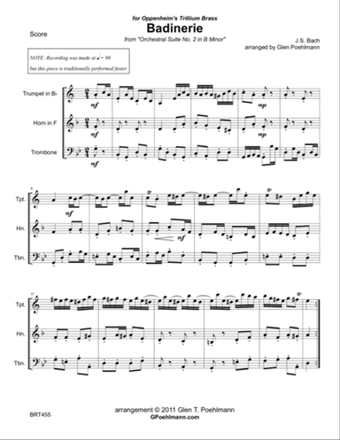 BADINERIE - BRASS TRIO (unaccompanied) from J.S. Bach's Orchestral Suite #2 in B minor
