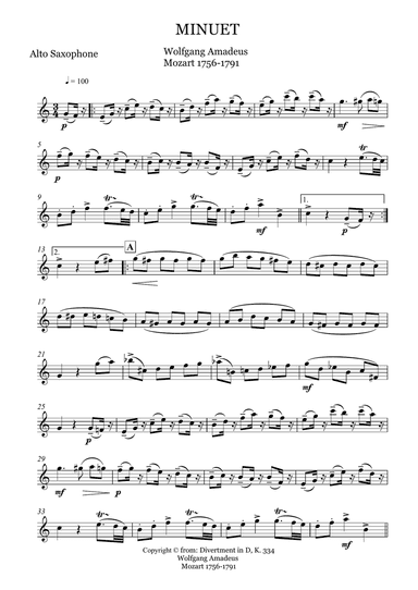 SOLO FOR ALTO SAX - MINUET from Divertment in D, K 334