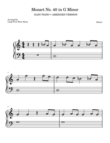 Mozart No. 40 in G Minor • EASY PIANO • Abridged Version • Simplified Beginner • LARGE PRINT