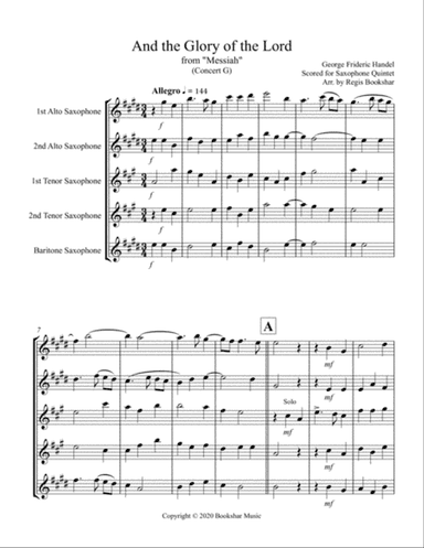 And the Glory of the Lord (from "Messiah") (G) (Saxophone Quintet - 2 Alto, 2 Tenor, 1 Bari)
