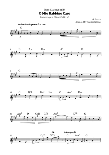 O Mio Babbino Caro - for bass clarinet solo (with chords)