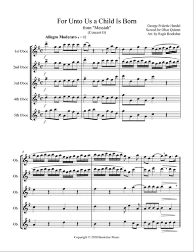 For Unto Us a Child is Born (from "Messiah") (G) (Oboe Quintet)
