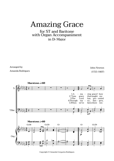 Amazing Grace in Db Major - Soprano, Tenor and Baritone with Organ Accompaniment and Chords