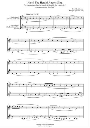 Hark! The Herald Angels Sing (for euphonium duet(Bb treble, 3 or 4 valved), suitable for grades 1-5)