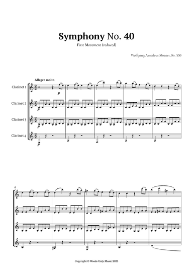 Symphony No. 40 by Mozart for Clarinet Quartet