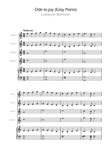 Ode To Joy - Easy Violin Quartet w/ Piano Accompaniment