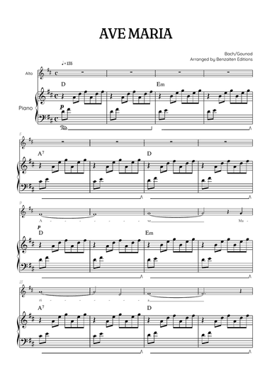 Bach / Gounod Ave Maria in D major • contralto sheet music with piano accompaniment and chords