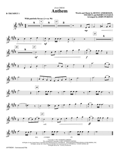 Anthem (from Chess) - Bb Trumpet 1