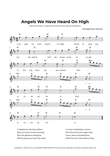 Angels We Have Heard On High (Key of D Major)