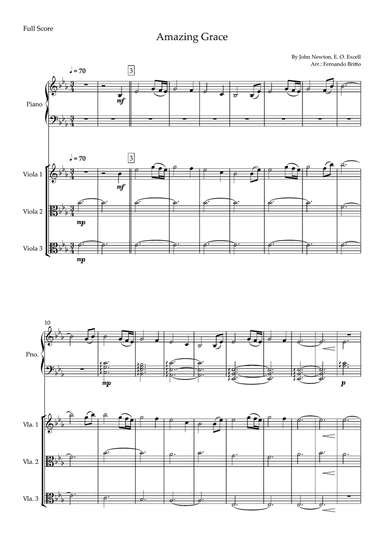 Amazing Grace (John Newton, E. O. Excell) for Viola Trio and and Piano Accompaniment with Chords