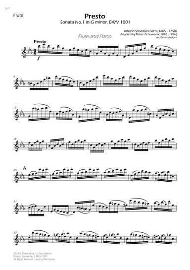 Presto from Sonata No.1, BWV 1001 - Flute and Piano (Individual Parts)