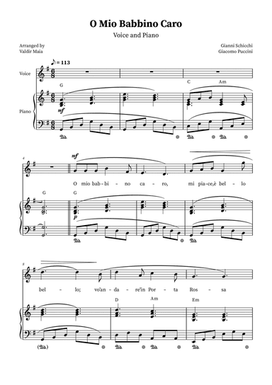 O Mio Babbino Caro - Male Voice in G Major (with chords)
