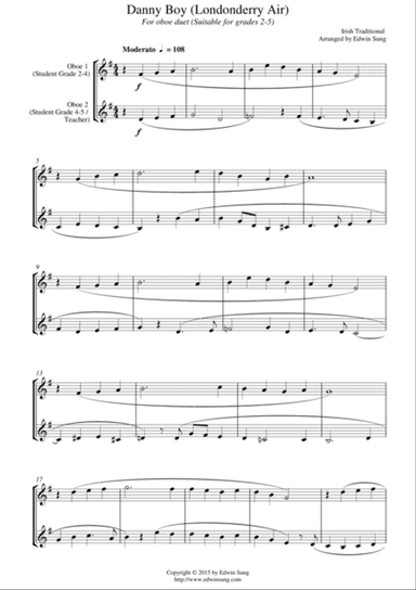 Danny Boy (Londonderry Air) (for oboe duet, suitable for grades 2-5)