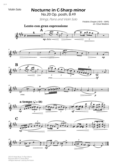 Nocturne No.20 in C Sharp minor - Violin Solo, Strings and Piano (Individual Parts)