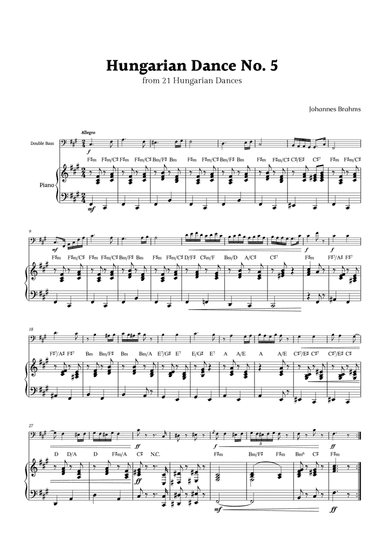 Hungarian Dance No. 5 by Brahms for Double Bass and Piano with Chords