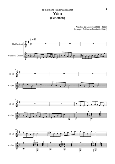 Anacleto de Medeiros - Yára. Arrangement for Bb Clarinet and Classical Guitar. Score and Parts