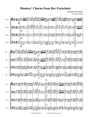 Hunters' Chorus from Der Freischutz arranged for four part cello ensemble or mixed level cello quart