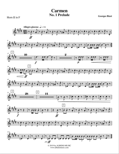 Carmen, No. 1 Prelude - Horn in F 2 (Transposed Part)