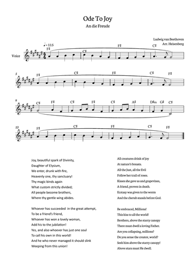 Beethoven - Ode To Joy for voice with chords in F# (Lyrics in English)