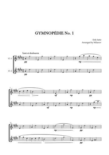 Gymnopédie no 1 | Clarinet in Bb Duet | Original Key |Easy intermediate