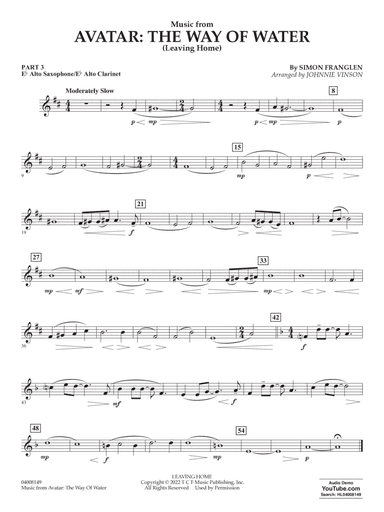 Music from Avatar: The Way Of Water (Leaving Home) (arr. Vinson) - Pt.3 - Eb Alto Sax/Alto Clar.