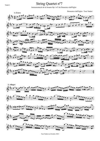 String quartet nº7-Toni Tudurí (instrum. of Domenico dall'Oglio violin Sonata Op1nº2 in D Major)