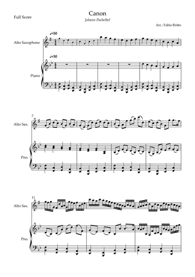 Canon - Johann Pachelbel (Wedding/Reduced Version) for Alto Saxophone Solo and Piano Accompaniment