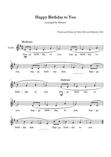 Happy Birthday to You in G Violin Lyrics