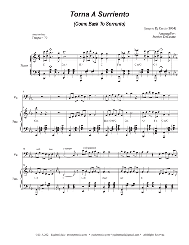 Torna A Surriento (Come Back to Sorrento) (Cello solo and Piano)
