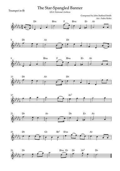 The Star Spangled Banner (USA National Anthem) for Trumpet in Bb Solo with Chords (B Major)