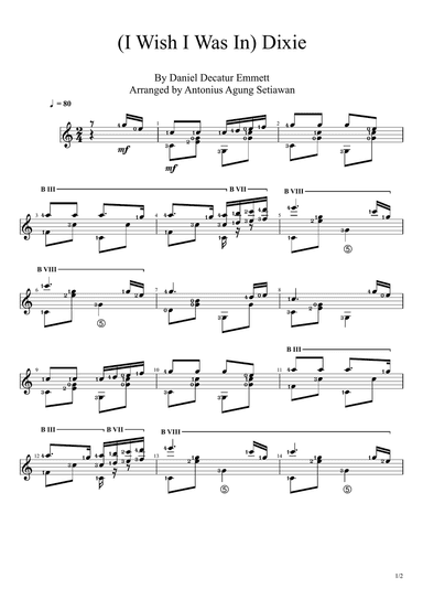 I Wish I Was In Dixie (Solo Guitar Score)