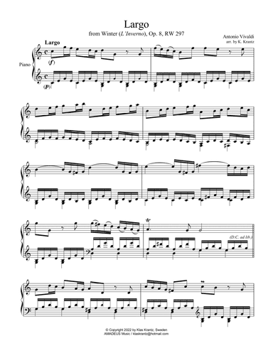 Largo from Winter (L'Inverno) for piano solo (C Major arr.)