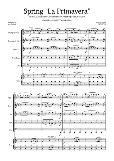 "Spring" (La Primavera) by Vivaldi - Easy version for BRASS QUINTET & PIANO