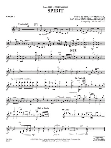 Spirit (from The Lion King 2019) (arr. Larry Moore) - Violin 1