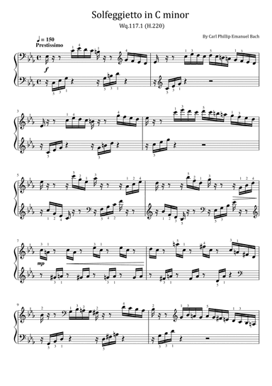 C.P.E. Bach - Solfeggietto in C minor, Wq.117.1,H.220 Original With Fingered
