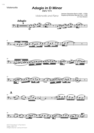 Adagio (BWV 974) - Cello and Piano (Individual Parts)