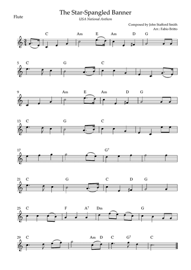 The Star Spangled Banner (USA National Anthem) for Flute Solo with Chords (C Major)