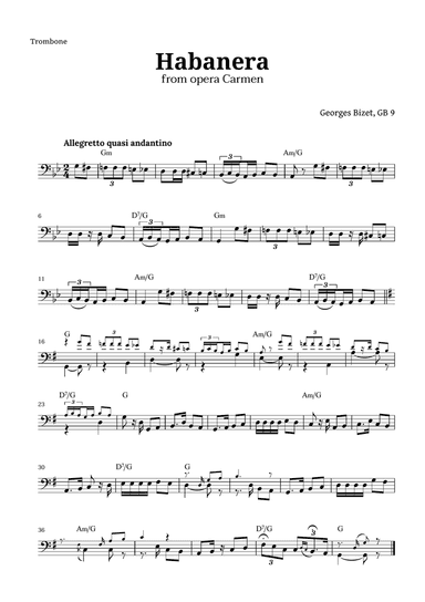 Habanera from Carmen by Bizet for Trombone with Chords