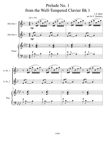 Prelude No.1 from The Well-Tempered Clavier Book 1 BWV 846 (Alto Sax Duet) with optional piano accom